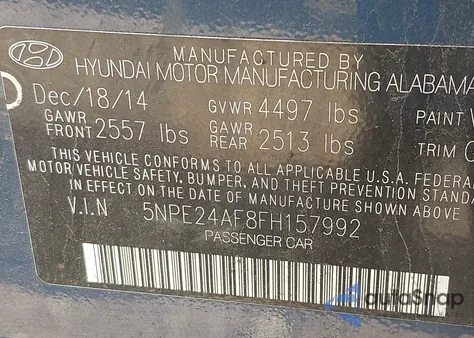 2015 Hyundai Sonata Se from USA, damaged, VIN 5NPE24AF8FH157992